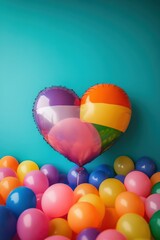Heart-shaped balloon with rainbow colors surrounded by multicolored balloons for International day against homophobia, biphobia, and transphobia. Vertical banner. Copy space. Colors of LGBT flag