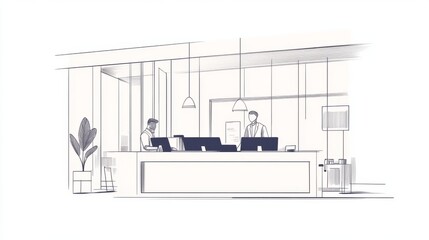 Two men working at modern office reception desk.