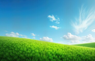 Fototapeta premium Lush green grassy hillside gently slopes upward under clear bright sky with wispy clouds. Scenic rural landscape. Perfect spring or summer day. Beautiful natural view.