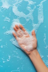 Fototapeta premium World hand hygiene day celebration with clean and soapy hand on blue background. Vertical banner. Copy space