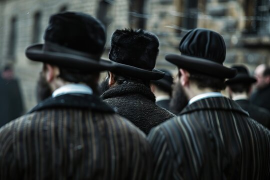 Orthodox Jewish men pray at holy tomb in traditional attire.