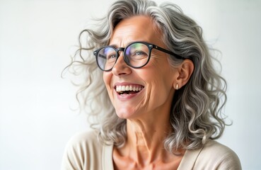 Obraz premium Senior woman with wavy gray hair laughs happily. Close-up portrait. Wears glasses, light colored shirt. Cheerful expression. Great for senior citizen magazines websites. Elderly woman enjoying life.