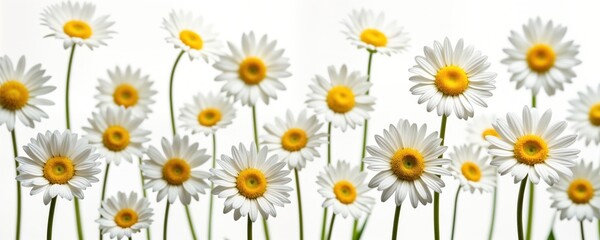 Fototapeta premium Many daisy flowers bloom in group. White petals, bright yellow centers. Isolated on white background. Closeup view of flowers. Fresh natural spring scene. Lovely image ideal for springtime, health