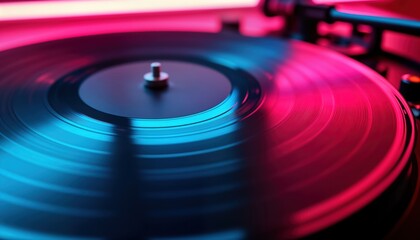 Vinyl record spinning under vibrant neon lights. Retro tech, music vibes. Cool colors, patterns. Ideal for vintage music lovers. Digital illustration art print. Cool wallpaper poster design.