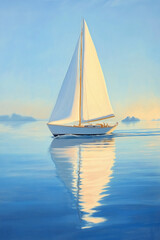 Fototapeta premium A serene view of a sailboat gliding over calm water, reflecting its sails in the crystal-clear sea with distant mountains in the background, symbolizing peaceful travel and adventure.