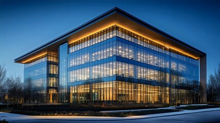 Fototapeta premium A large glass building with a lot of windows and a bright light on top