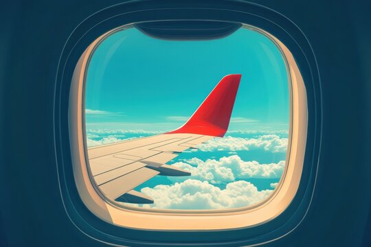 View from airplane window overlooking fluffy clouds and bright blue sky during flight over serene landscape. Generative AI
