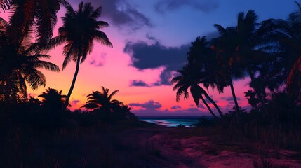 ヤシの木が揺れるトロピカルサンセット