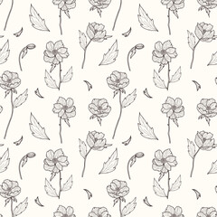 Seamless floral pattern with flowers, leaves and branches, on a light background in graphic style, hand drawn.. Vintage engraving style, for print, fabric, wallpaper.