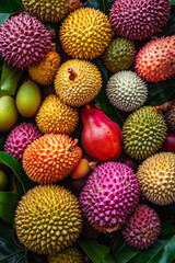 A bunch of different types of durians on a table