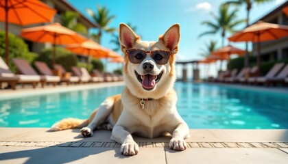 Happy dog relaxes by poolside wearing sunglasses. Tropical umbrellas and deck chairs surround...