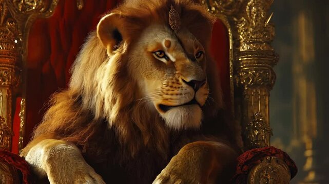 Majestic lion sitting on throne in regal indoor setting
