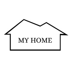 A simple black-outlined house icon with the words 