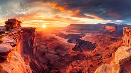 Fototapeta premium Stunning sunrise over rugged canyon landscape, showcasing vibrant colors and dramatic rock formations against a cloudy sky. Dream Canyon. Illustration
