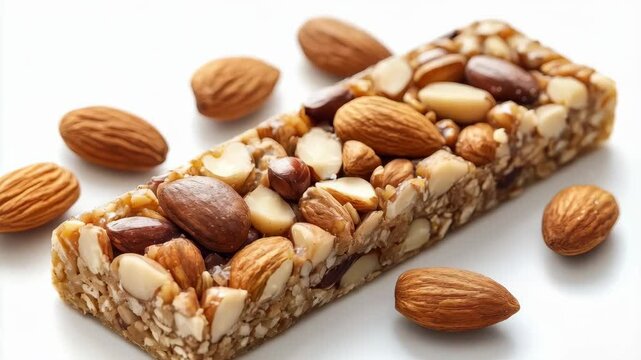 Almond nut bar rotation with almonds and peanuts on white background