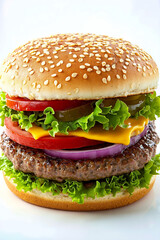 A hamburger with lettuce, tomato, onion, and cheese on a sesame bun