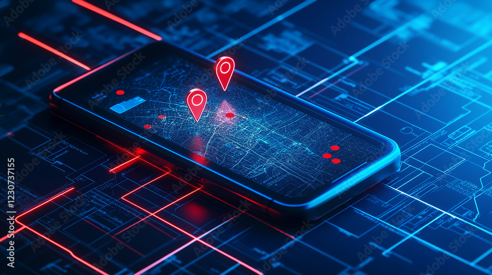 Fototapete A close-up view of a smartphone with a digital map showing location pins, symbolizing navigation, geolocation, and mapping technology in a modern digital interface.