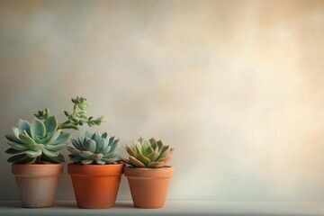 Three succulent plants in terracotta pots against a textured wall.