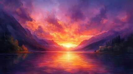 Vibrant sunset over a calm lake nestled between majestic mountains.