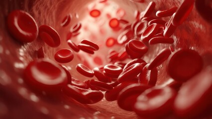 Red blood cells flowing through a human blood vessel under microscopic view
