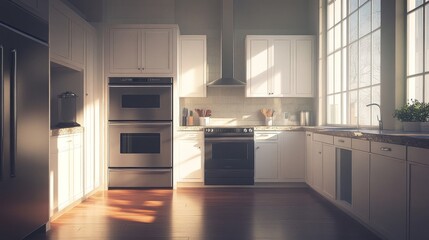 Bright Modern Kitchen Interior with Sunlight Streaming Through Windows