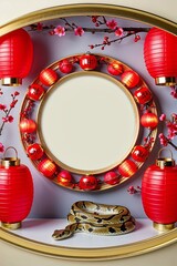 Circular Frame With Red Lanterns and Cherry Branches With Snake