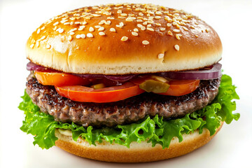 A hamburger with lettuce, tomato, onion, and pickles on a sesame bun