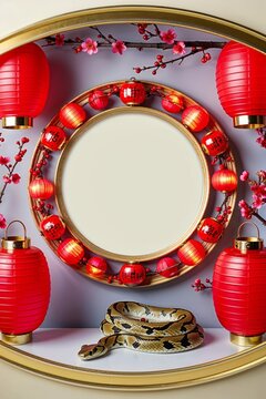 Circular Frame With Red Lanterns and Cherry Branches With Snake