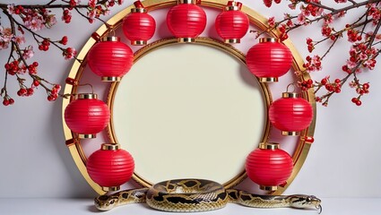 Circular Frame With Red Lanterns and Cherry Branches With Snake