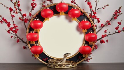 Circular Frame With Red Lanterns and Cherry Branches With Snake