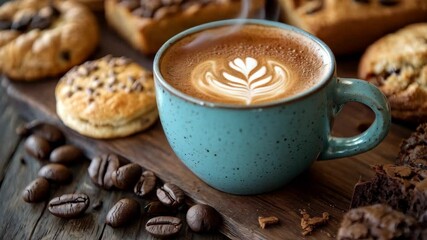 Latte art coffee with cookies and beans on rustic wood table - Powered by Adobe