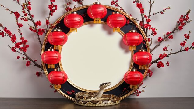 Circular Frame With Red Lanterns and Cherry Branches With Snake