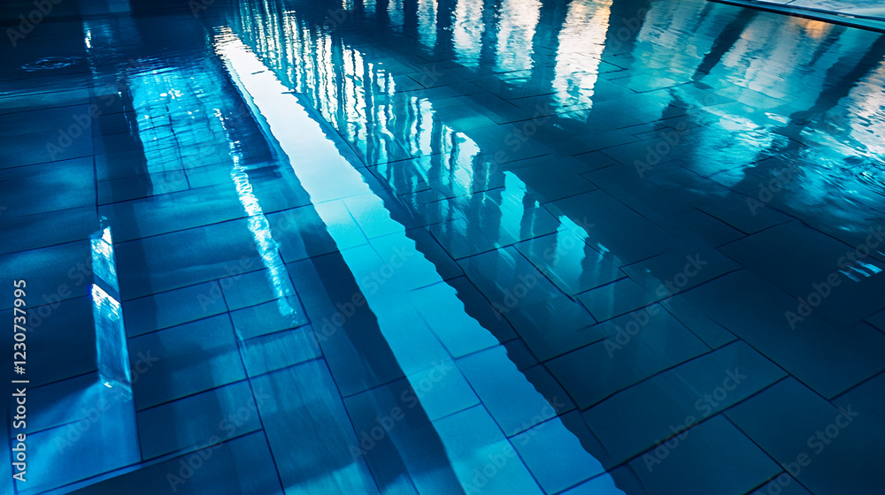 Poster Abstract reflection of geometric shapes in clear water, showcasing modern architecture and clean lines, symbolizing minimalism, clarity, and serenity.