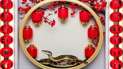 Circular Frame With Red Lanterns and Cherry Branches With Snake