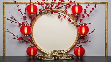 Circular Frame With Red Lanterns and Cherry Branches With Snake