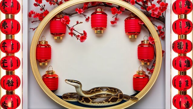 Circular Frame With Red Lanterns and Cherry Branches With Snake