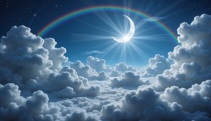 Crescent moon glowing among fluffy clouds at midnight sky, whimsical fantasy