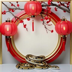 Circular Frame With Red Lanterns and Cherry Branches With Snake