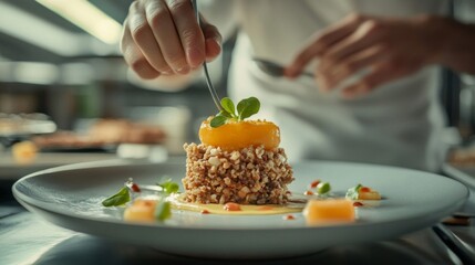 Chef Plating Elegant Yellow Dessert with Green Garnish