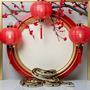 Circular Frame With Red Lanterns and Cherry Branches With Snake