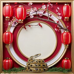 Circular Frame With Red Lanterns and Cherry Branches With Snake