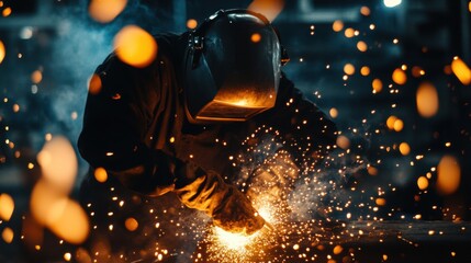A focused shot of a welder in a heavy-duty helmet amidst sparks flying, Welding site scene, Industrial and rugged style