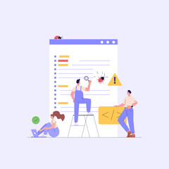 Software testing illustration. Coders working with code testing and debugging, searching bugs. Concept of software testing, bug report, quality assurance, fixing program code. Vector flat design