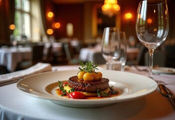 Elegant main course served in luxurious restaurant. Gourmet steak with polenta, yellow berries. Classic English style. Dinner setting with fine china, crystal glasses. Luxurious ambiance in hotel