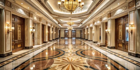 Fototapeta premium Muted light pours into a grand hallway with marble floors, illuminating intricate patterns on the walls and ceiling , opulent atmosphere, high-end decor