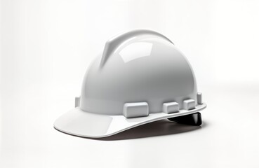 Fototapeta premium White hard hat on white background. Minimalist design. Protective safety gear. Construction equipment. Simple shape, clean lines. Pro work tool. Classic industrial style. Sturdy, hard-wearing. Light,