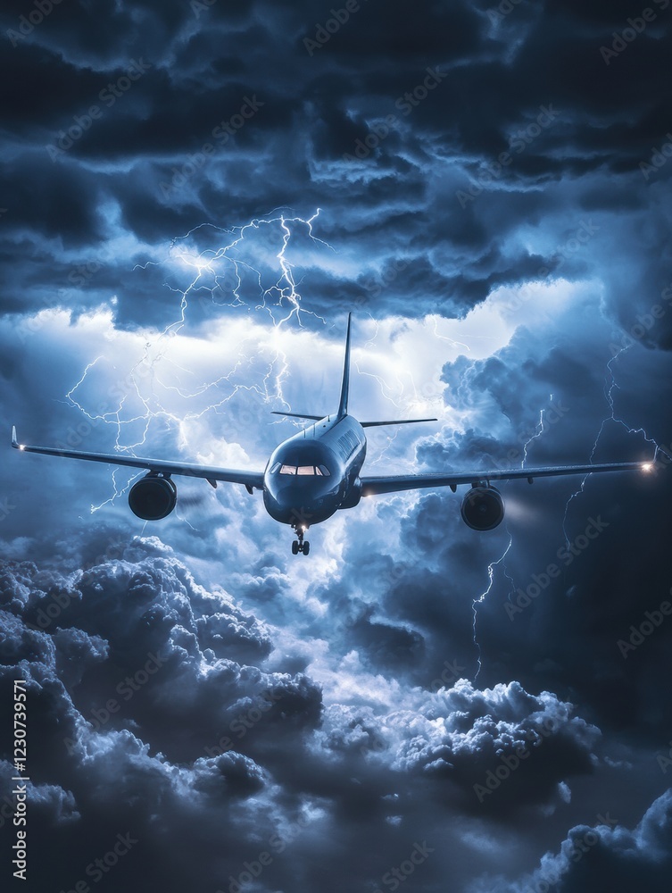 Poster Airplane navigates through turbulent stormy clouds with lightning in the background during evening flight. Generative AI