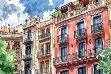 Fototapeta premium Illustration of traditional Barcelona, Spain buildings facades with classic balconies, soft colors, and artistic style