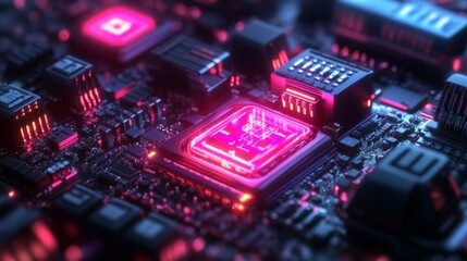 Close-Up View of Pink and Purple Glowing Circuit Board