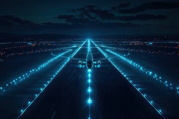 Airplane on illuminated runway at night with bright navigation lights guiding the way. Generative AI